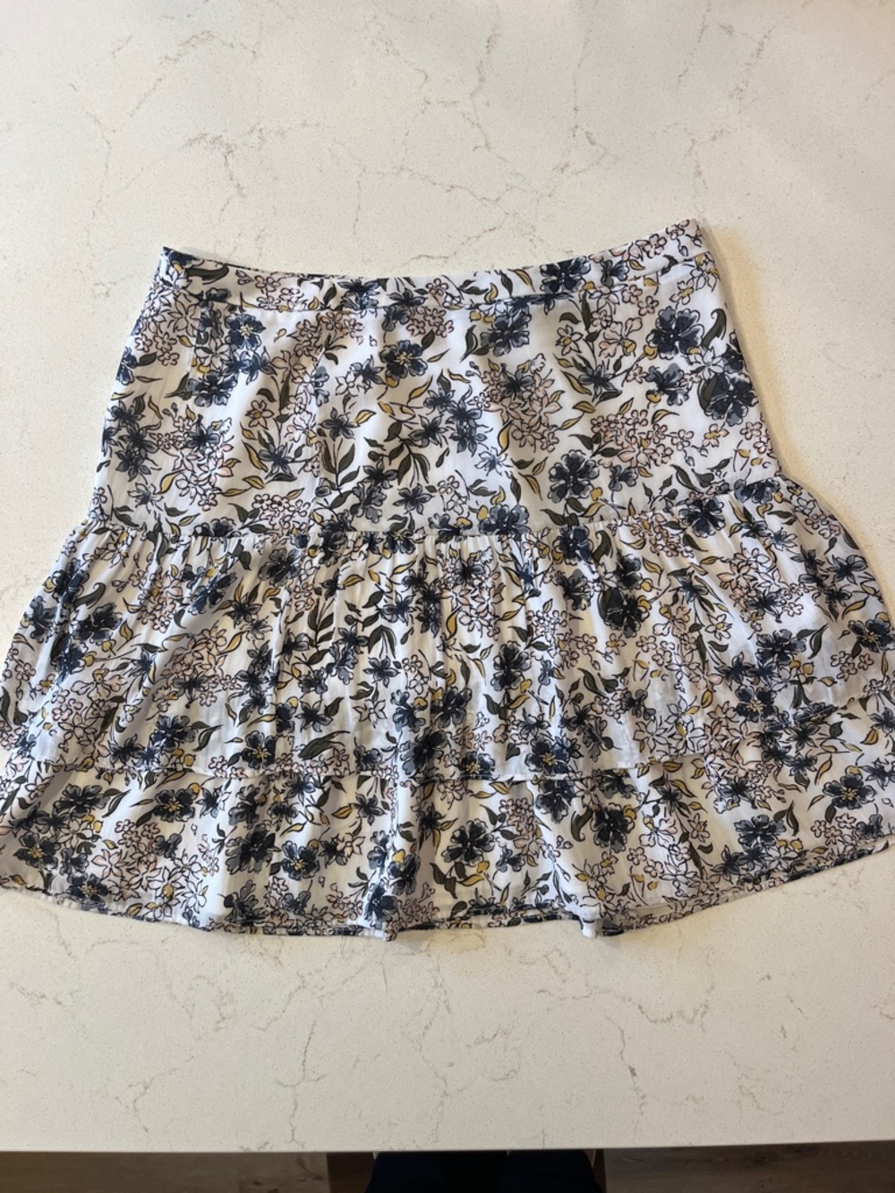 LOFT White Tiered Mini Skirt with Black and Tan Floral Print